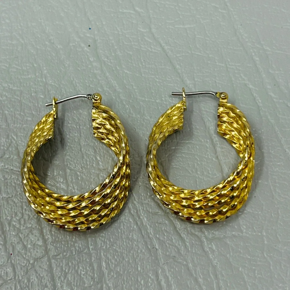 Gold Tone Twisted Multi‎ Strand Hoop Earrings Textured Basketweave Style